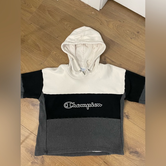 Champion Reverse Weave Logo Block Striped Cropped Sweater Hoodie Grey Y2K - Picture 4 of 5